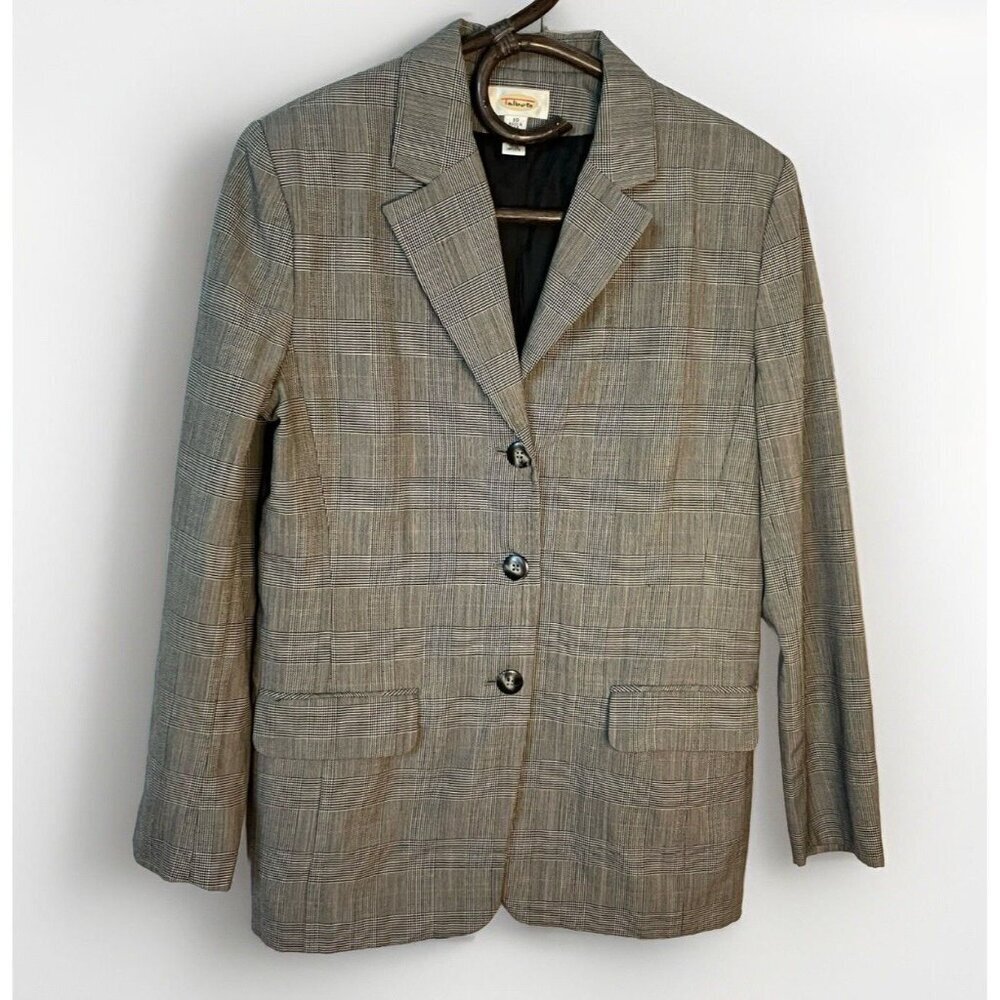 Vintage Talbots Wool Blazer Womens 10‎ Long Line Plaid Check Herringbone Neutral